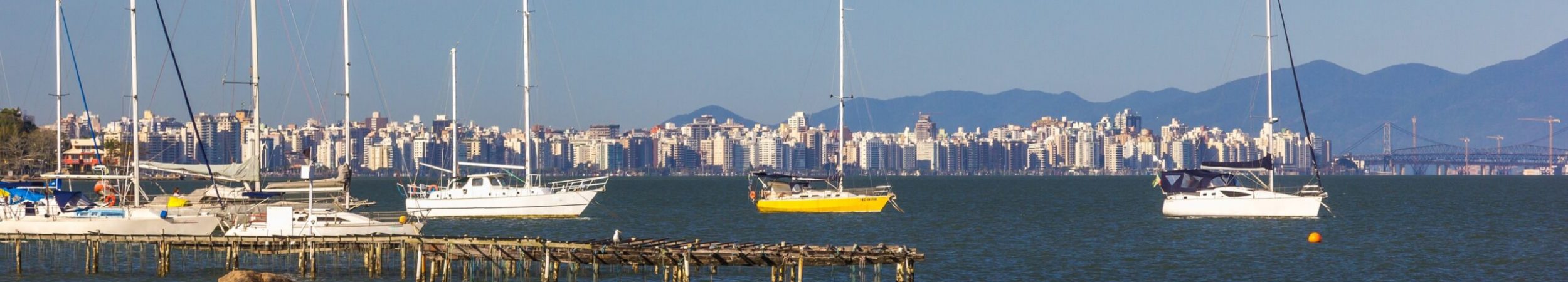 Closeup shot of a bay with sailboats and yachts in Florianopolis, Brazil A closeup shot of a bay with sailboats and yachts in Florianopolis, Brazil